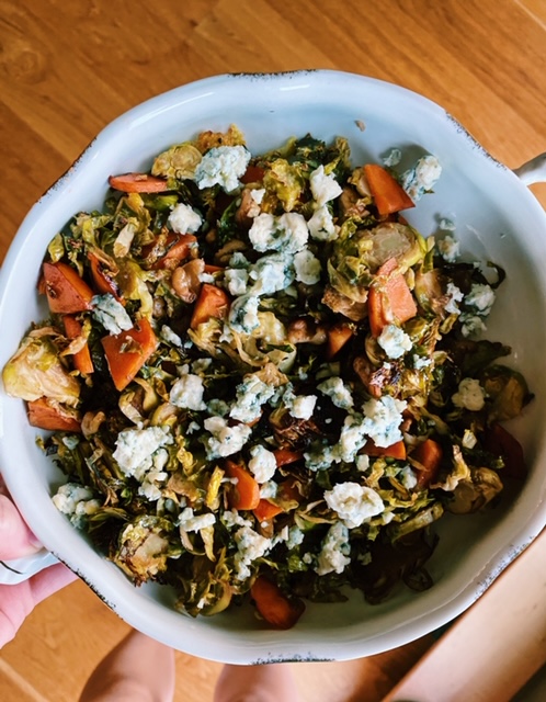 Shaved Balsamic Brussels and Carrots with Blue Cheese